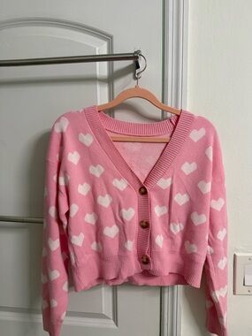 Pink Heart Pattern V-Neck Cardigan Sweater